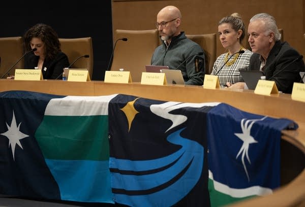 Three people sit with flags in front of them