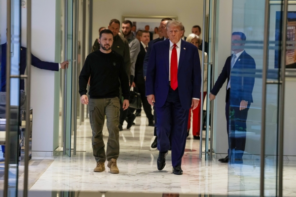 Ukrainian President Volodymyr Zelensky and Republican presidential nominee, former U.S. President Donald Trump, gather for a meeting on September 27, 2024 in New York City. The meeting coincides with President Zelensky's visit to New York for the United Nations General Assembly.