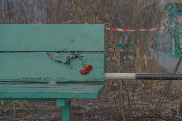 Flowers near block entrance in memory of killed residents of damaged residential building in Sumy after strike of Russian kamikaze drone Shahed on 30 Jan 2025. 9 apartments completely destroyed, 11 persons killed, 14 injured, 118 persons displaced. On 9 Feb 2025 Images: @shtukaanton - Anton Shtuka/NPR