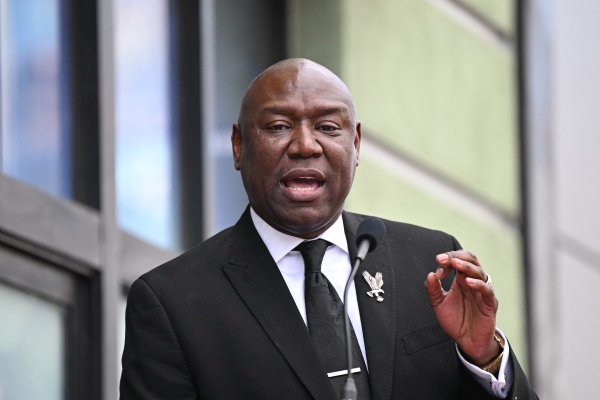 Civil rights attorney Ben Crump speaks during the ceremony honoring US singer-songwriter George Clinton (not pictured) with a star on the Hollywod Walk of Fame in Hollywood, January 19, 2024.