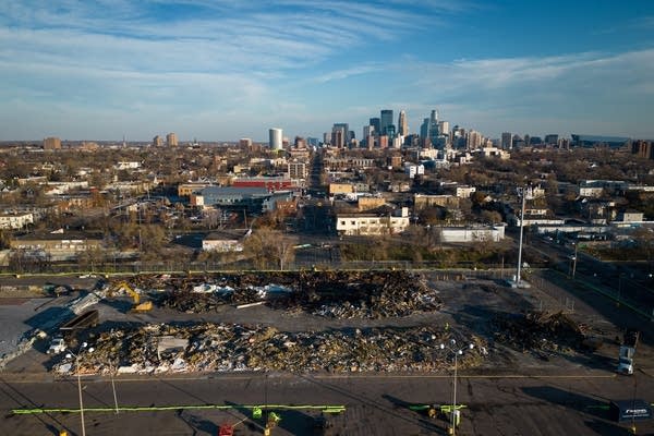 An aerial view of rubble on the site of the former Kmart 