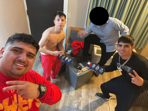 A photo from an FBI affidavit shows, from left, Pablo Zuniga Cartes, Ignacio Zuniga Cartes and Bastian Jimenez Freraut, along with an unidentified person whose face is redacted. The FBI says the image, procured from an iCloud account, was taken minutes after a Milwaukee Bucks player’s home was burglarized.