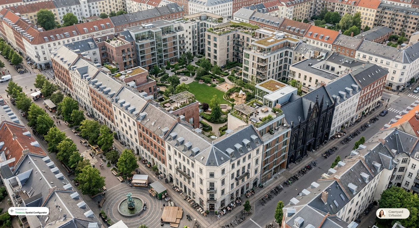 Aerial view of a dense European-style city block with mid-rise apartments and shops around the perimeter and a large green communal courtyard inside, with paths, trees, and rooftop terraces.