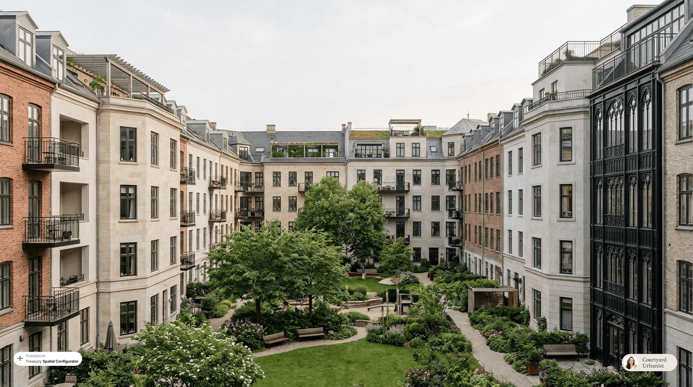 A landscaped courtyard framed by mid-rise apartment buildings with brick and light stone facades, balconies, and rooftop terraces, with curving paths, benches, and dense greenery in the center.