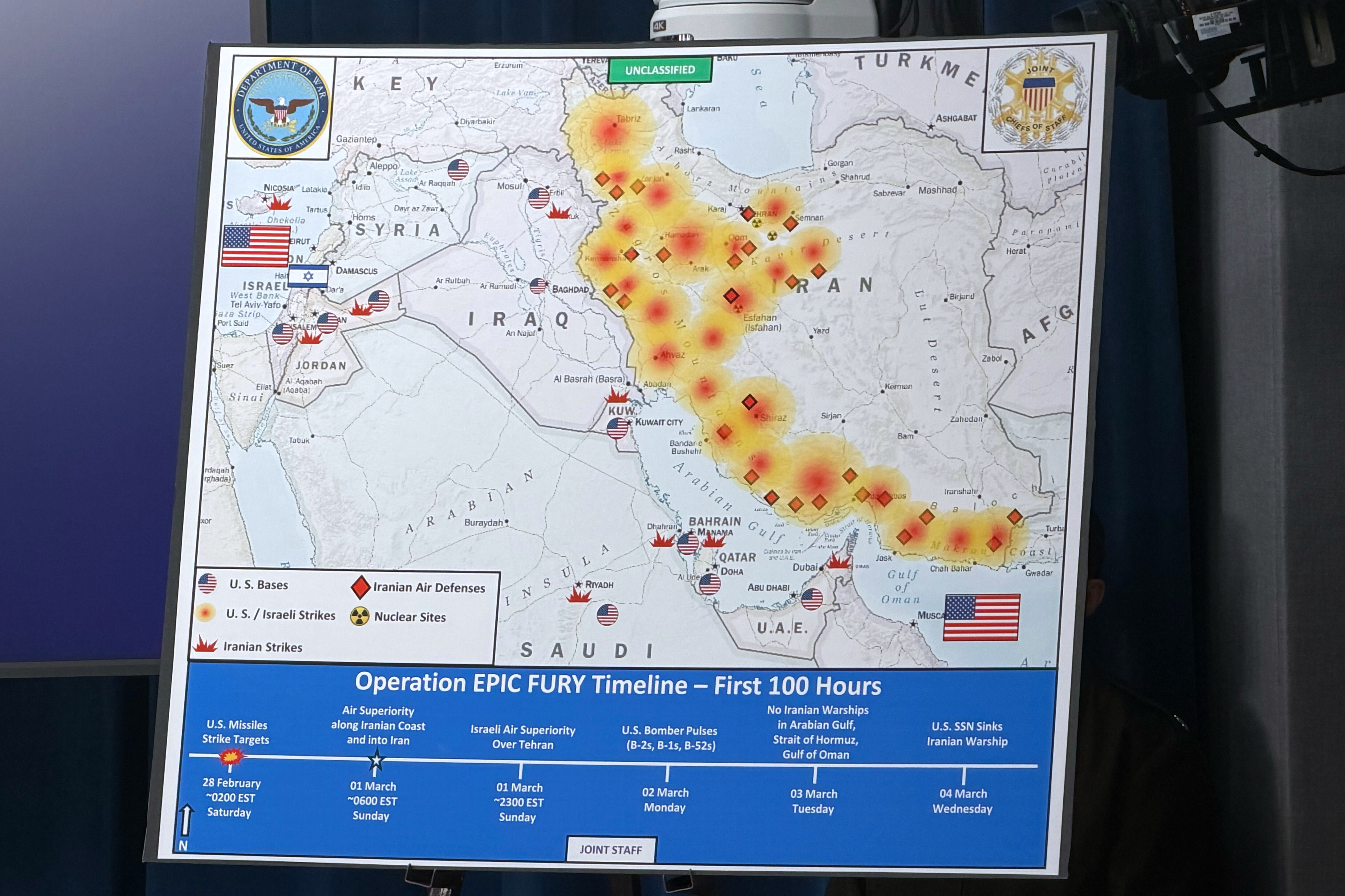 A map made by the Department of Defense showing various missile strike attacks in Iran made by the US. 