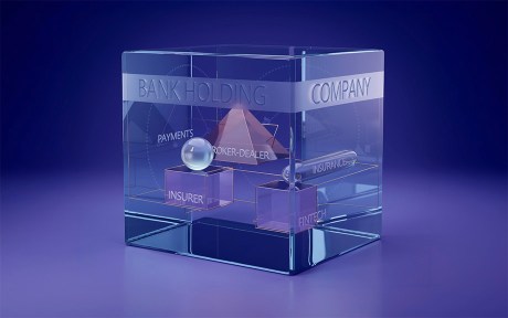 AI generated image of a glass square vessel with glass squares and pyramid inside with the words Bank Holding Company on the large vessel and insurer, fintech and broker-dealer on the small glass items inside it.