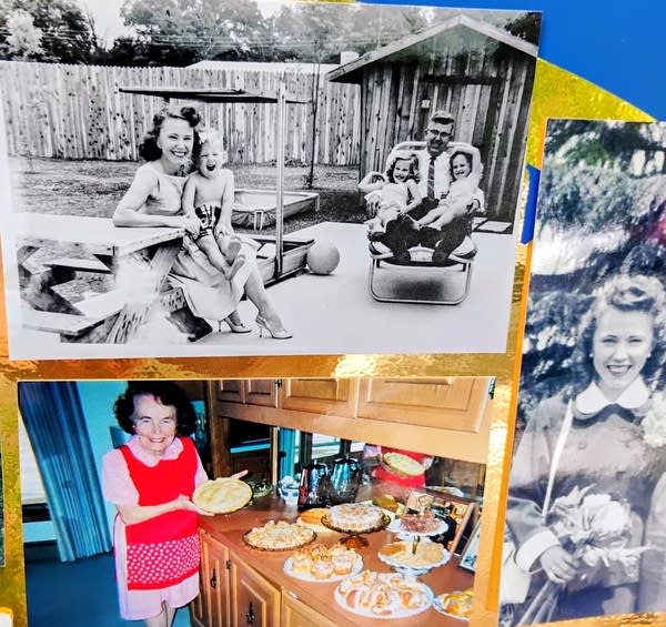 Three old photos posted on a colorful background