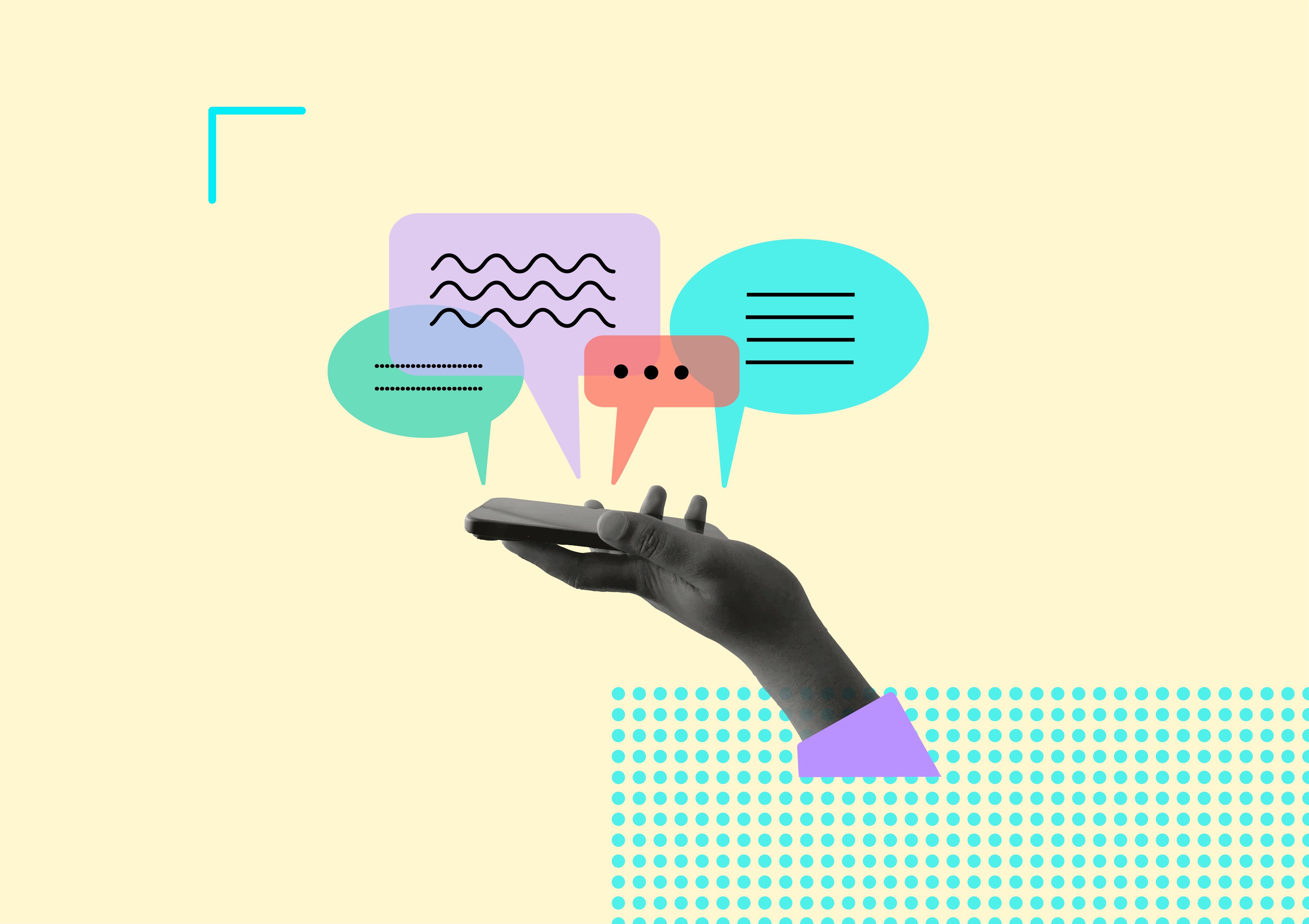 An illustration of a hand holding a smartphone with text bubbles above the phone.