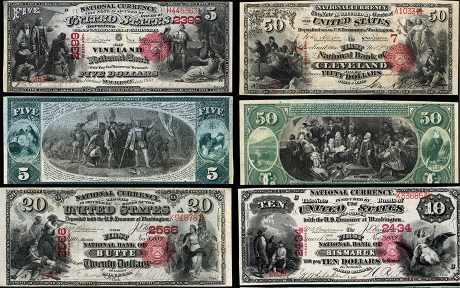 The first issue of National Bank Notes. Original and series 1875. Rendered in decorative design for different values from $1 to $1000. Black and white on the front and green on the back side.