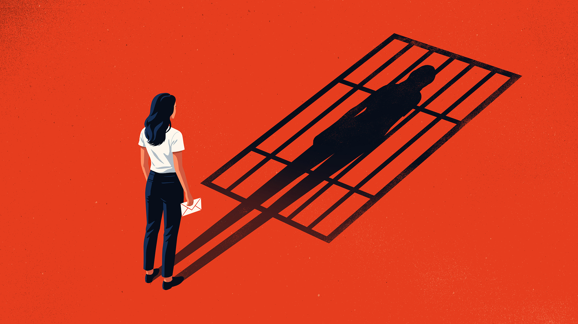 Conceptual illustration of a woman holding an envelope, looking down at her shadow, which shows her imprisoned behind bars.
