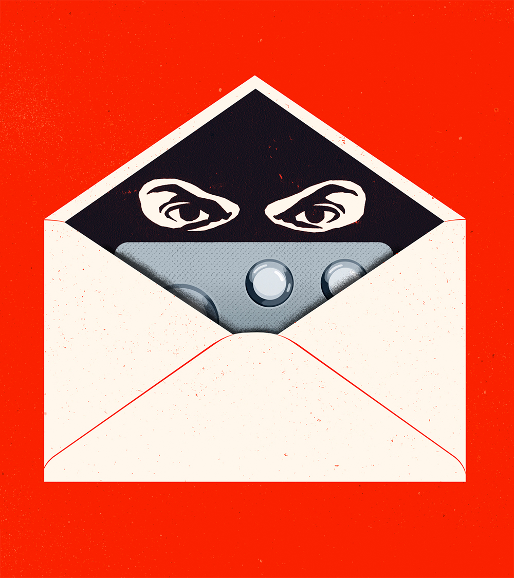 Conceptual illustration of an envelope containing abortion medication. The inside flap of the envelope reveals a set of spying eyes when opened.