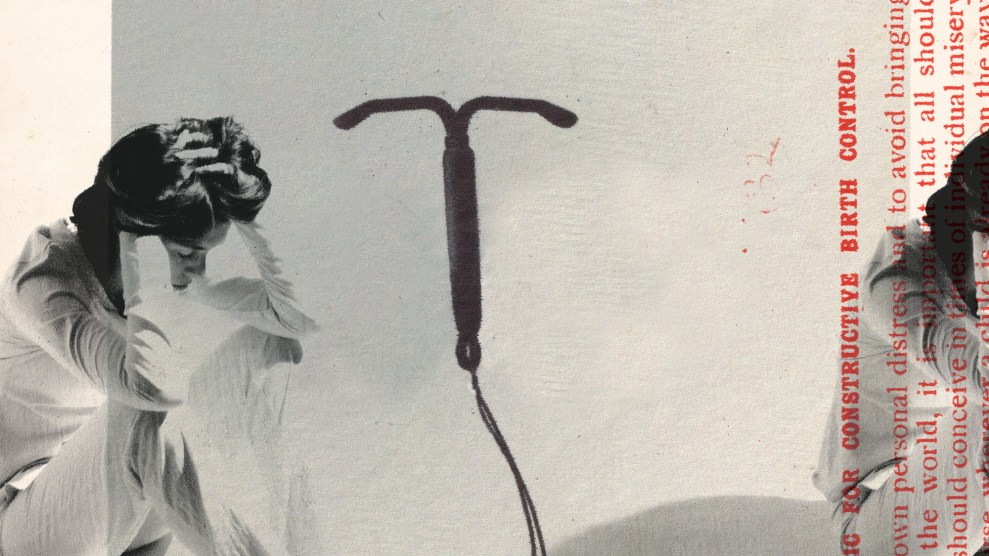 Collage of a woman with her head in her hands, an IUD, and package insert language.