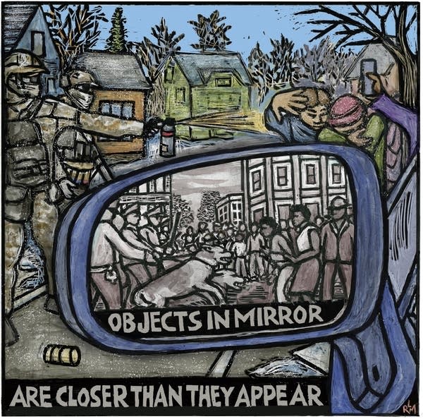 An illustration shows ICE agents and a reflection in a mirror from 1960s protests.