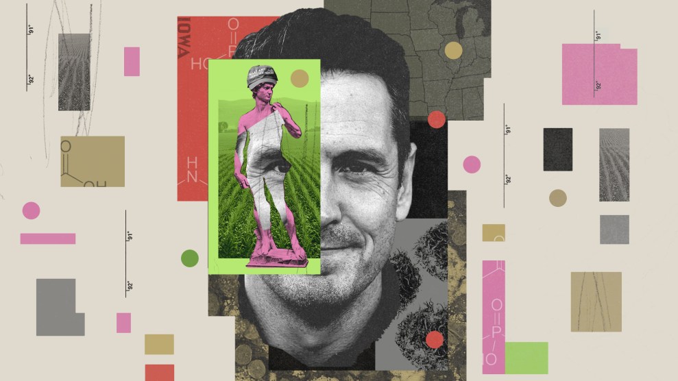 A photo collage in gray and tan with bits of red, pink and chartreuse that all frame a smiling middle-aged man with dark hair and the statue of David wearing a "Make America Healthy Again" baseball cap, which overlays him. The collage also includes snippets of the molecular formula for Glyphosate and microscopic cancer cells, along with a map of the Midwest that highlights the state of Iowa and snippets of photos of corn fields.