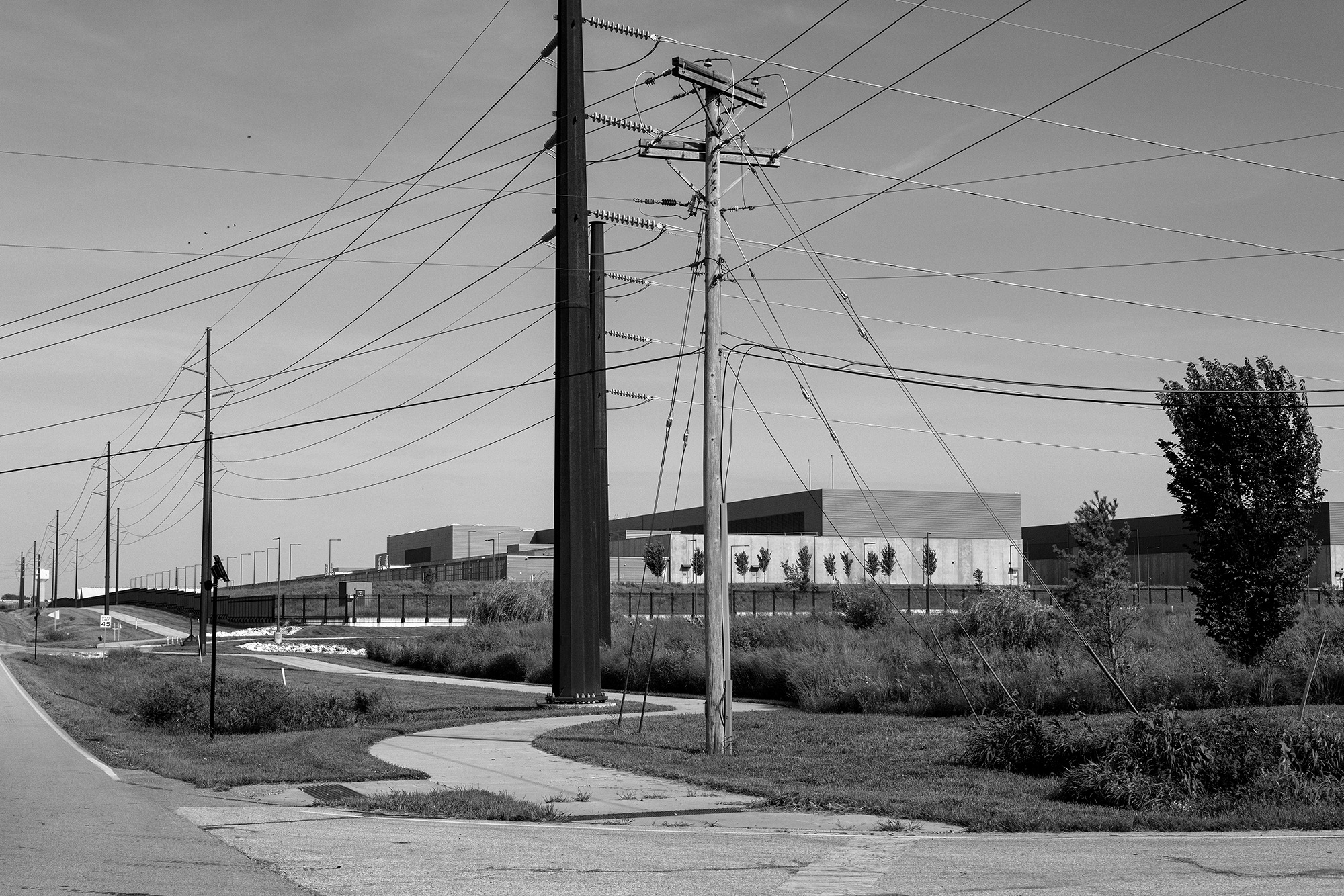 Telephone pole and power lines outside of a large data center building.