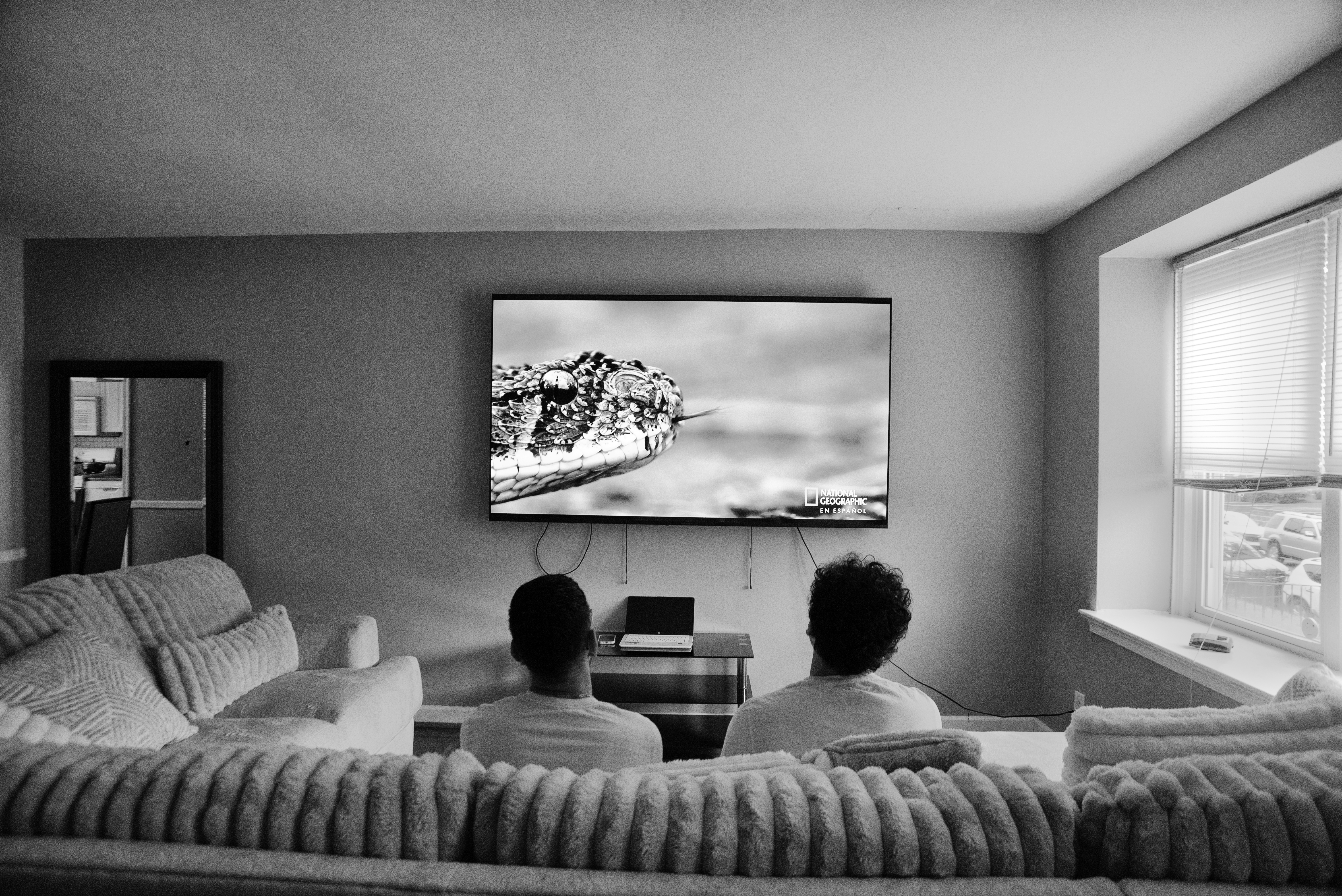 Two men sitting on a couch, watching television, seen from the back.