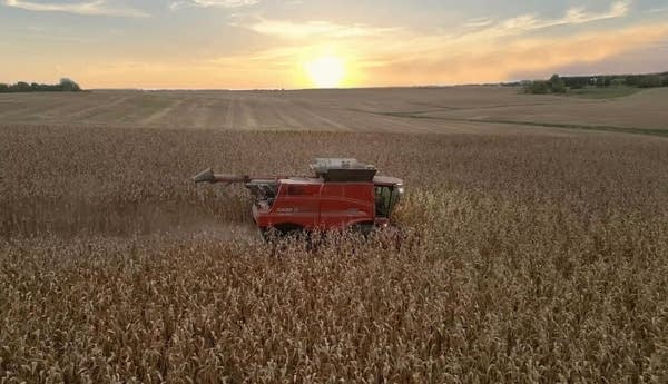 A sun setting over a farm