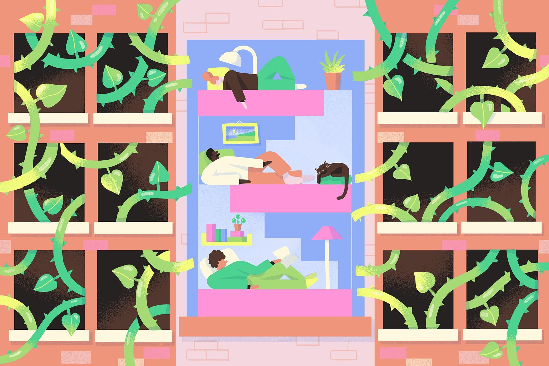 Illustration of three buildings: one in the center with three people living cozily in a shared space, and one on either side with darkened windows and overgrown, thorny vines