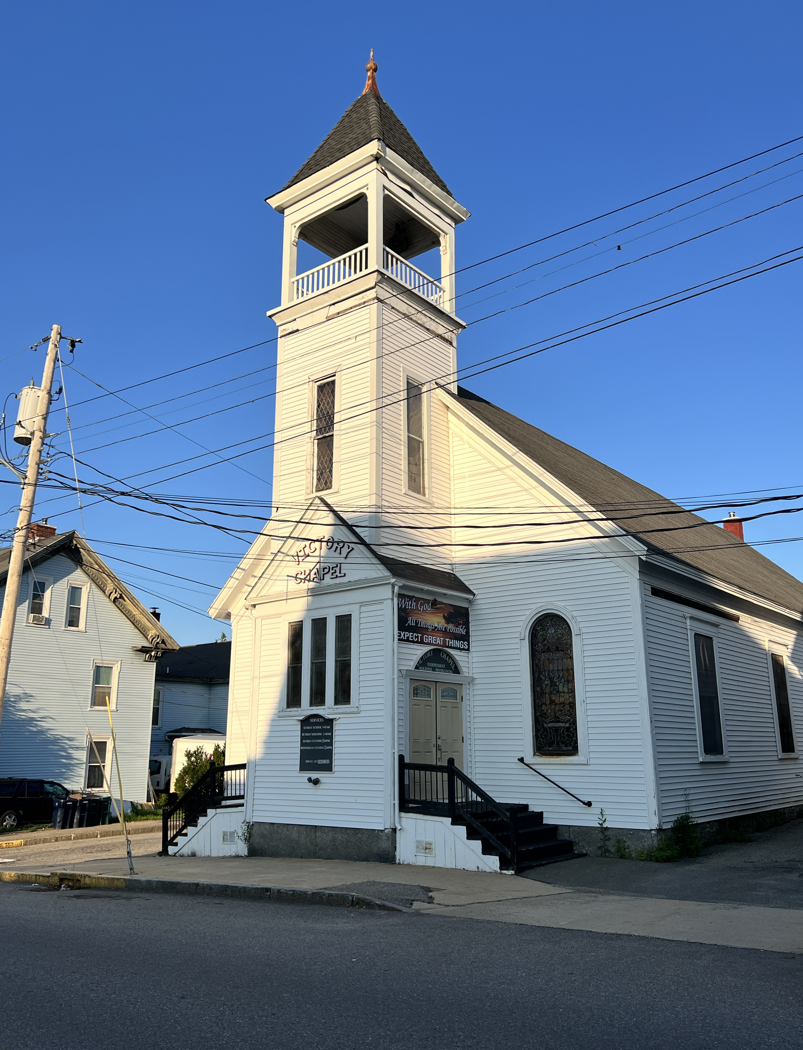 The outside of the Victory Chapel on a sunny, cloudless day.