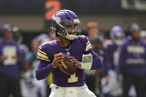 A Vikings quarterback holds the ball and prepares to throw.