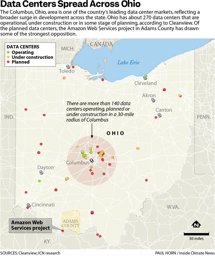 A map of data centers across Ohio shows them concentrated in the Columbus area. Color-coded circles mark their locations: green means operating, yellow means under construction, and red means planned.