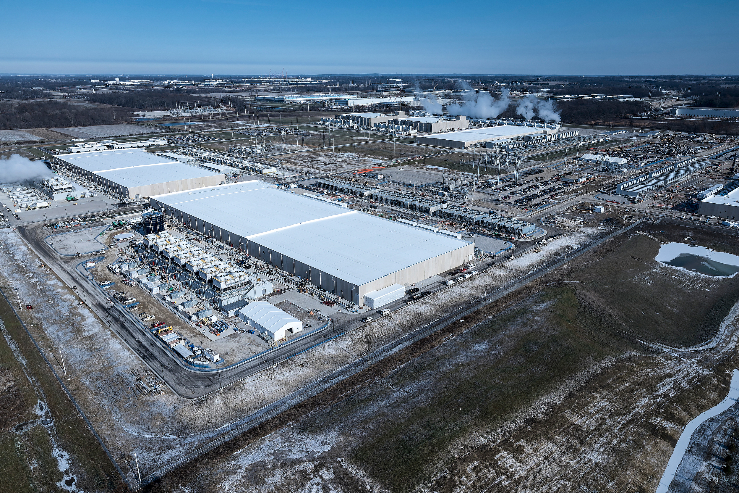 Aerial view of a large data center campus in New Albany, Ohio.