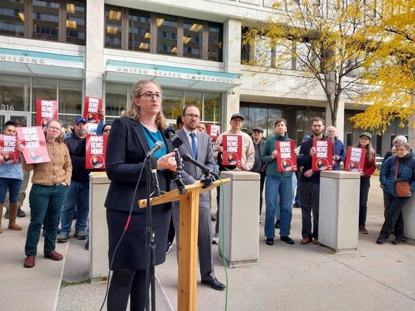 Attorney Courtney Moran speaking outside the federal courthouse