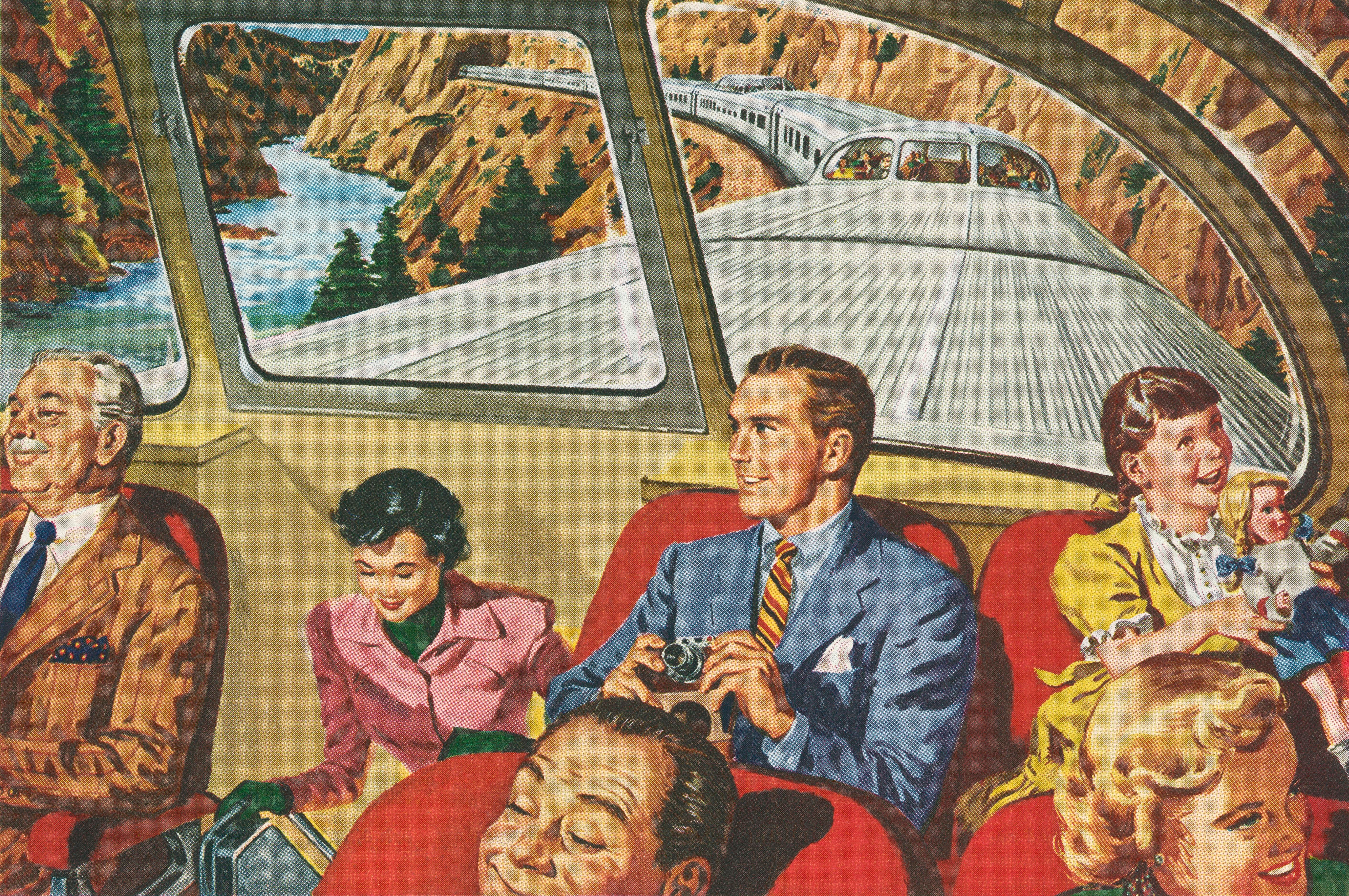 Vintage illustration of travellers enjoying a futuristic train trip; screen print, 1952.
