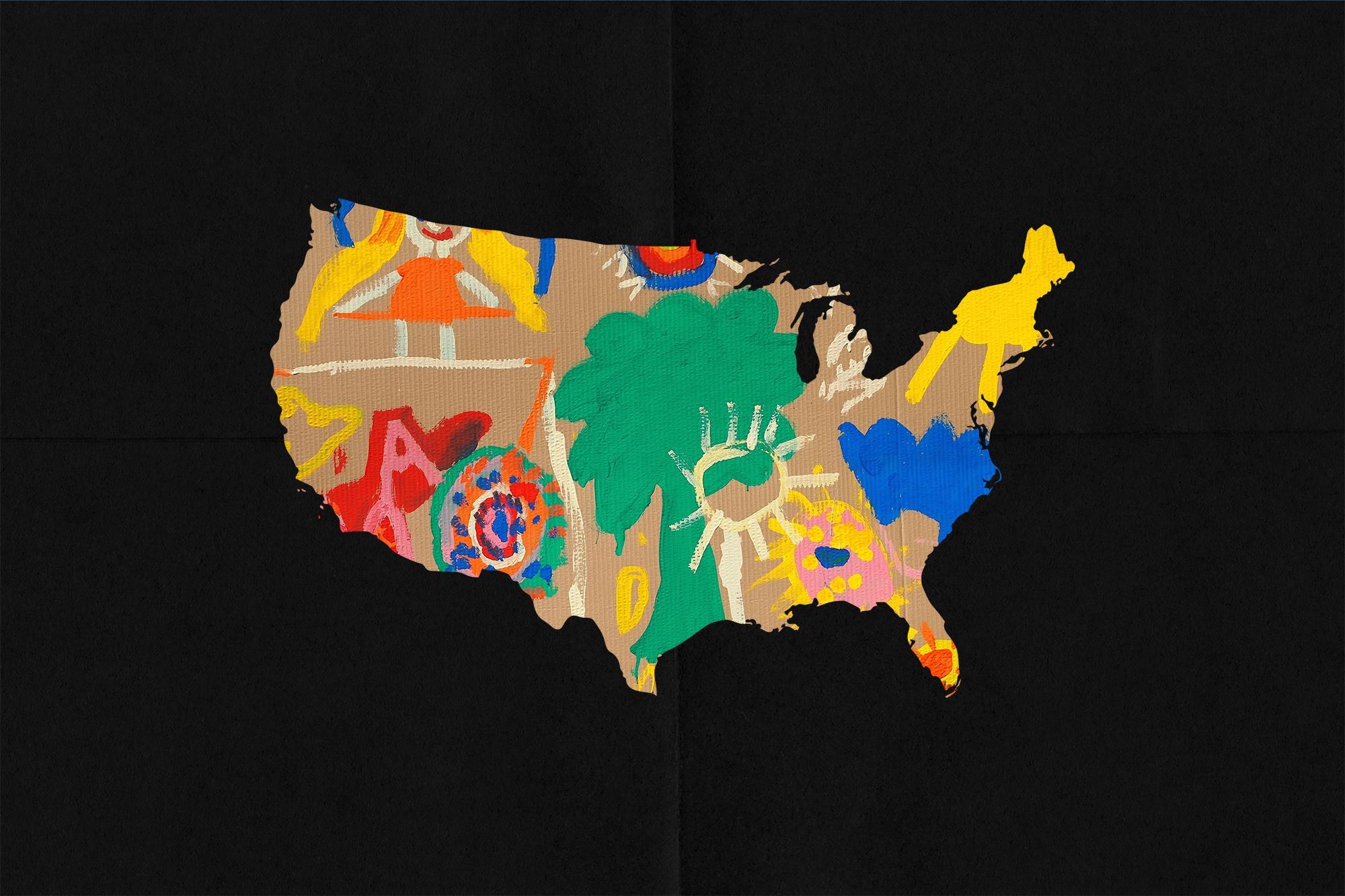 a bright, childlike painted scene on cardboard is within the shape of the Contiguous United States