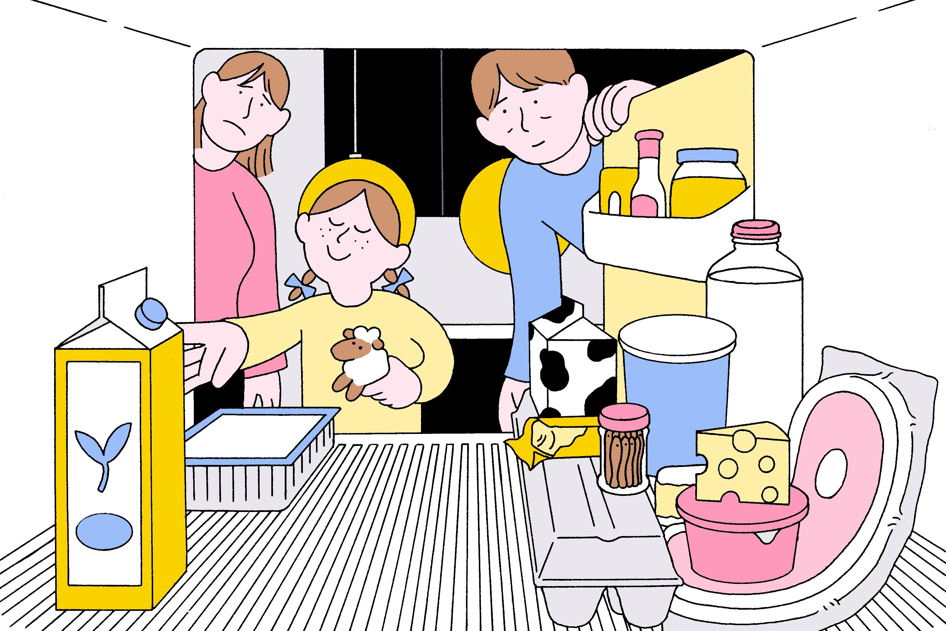 illustration of a family opening a fridge; the child is choosing vegan options, while the parents look on concerned
